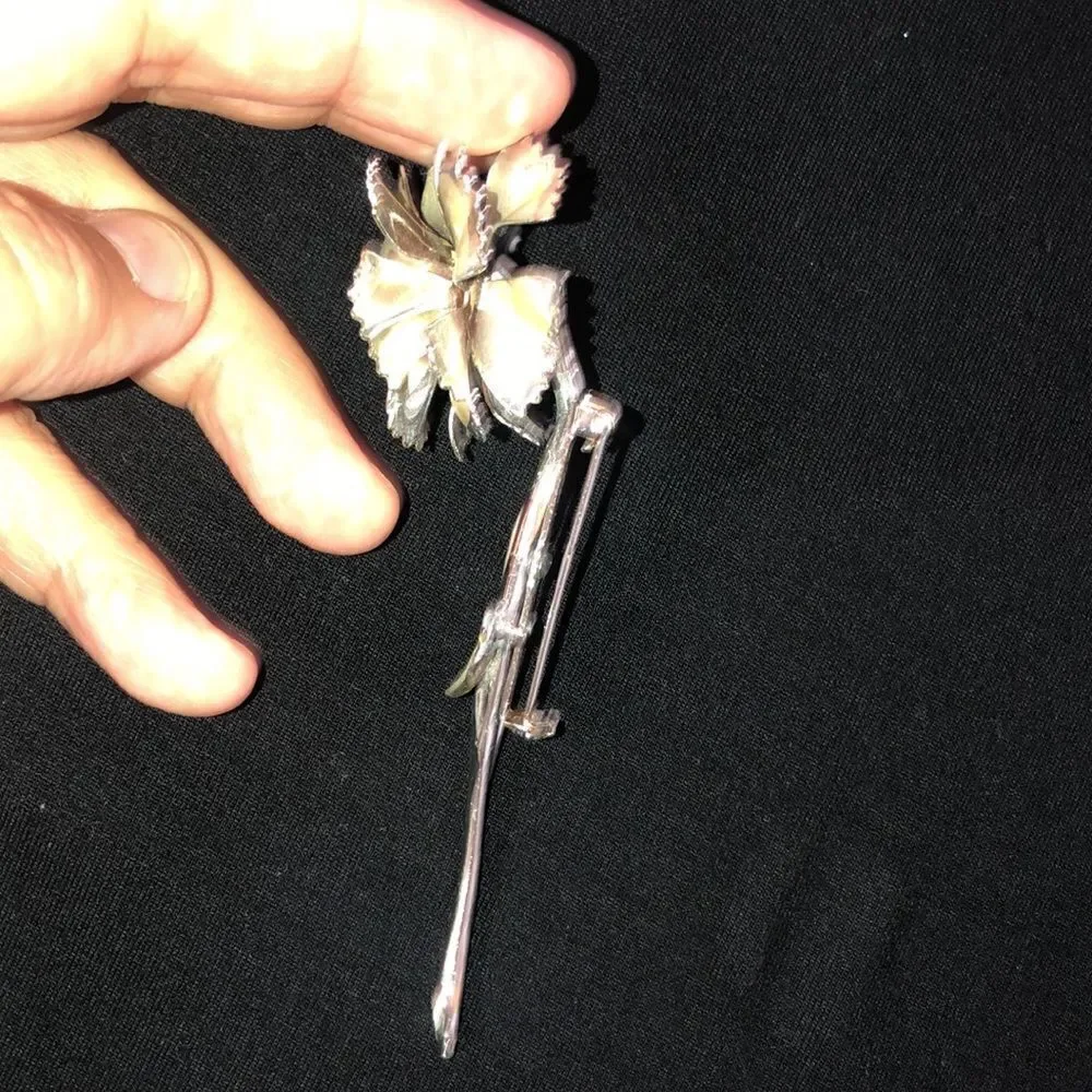 Vintage Silver Tone with Matte Color Three Rhinestones Carnation Brooch